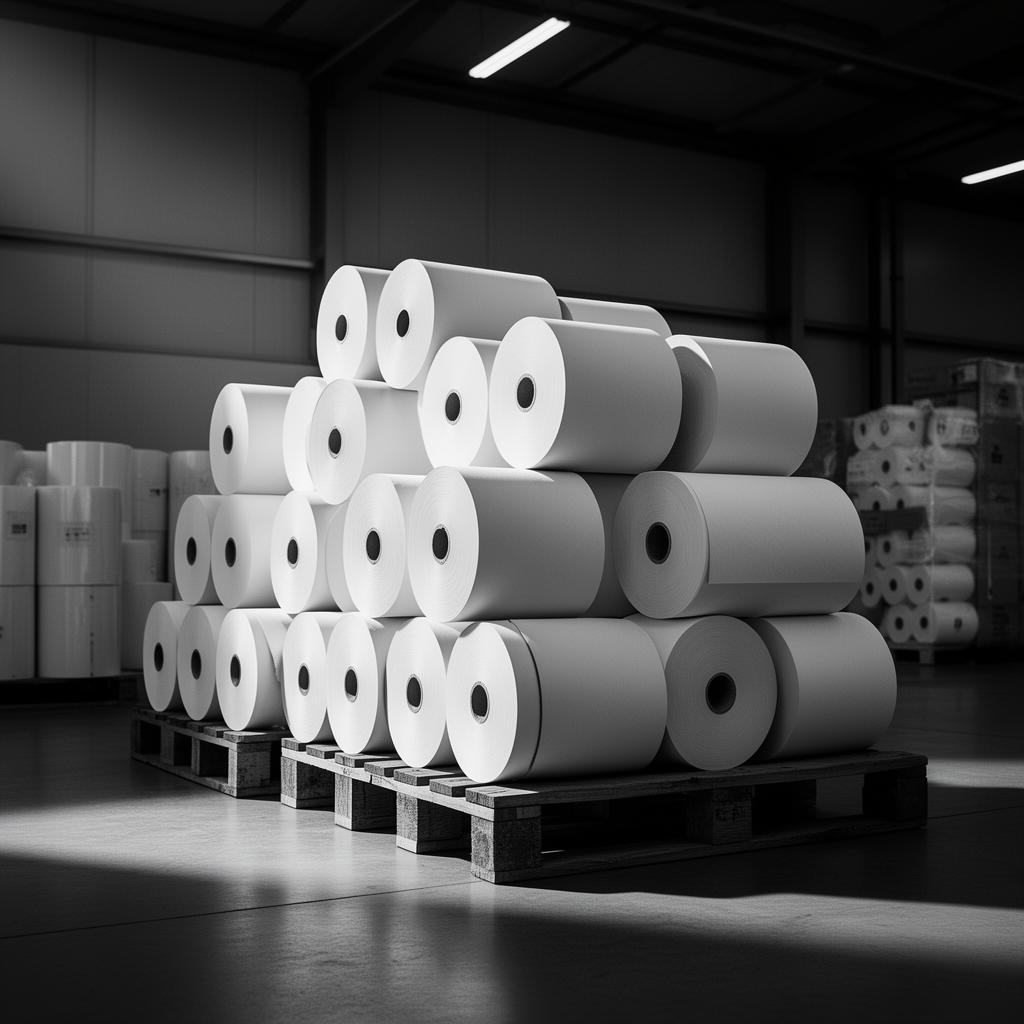 Stacked thermal paper rolls on pallets in a warehouse